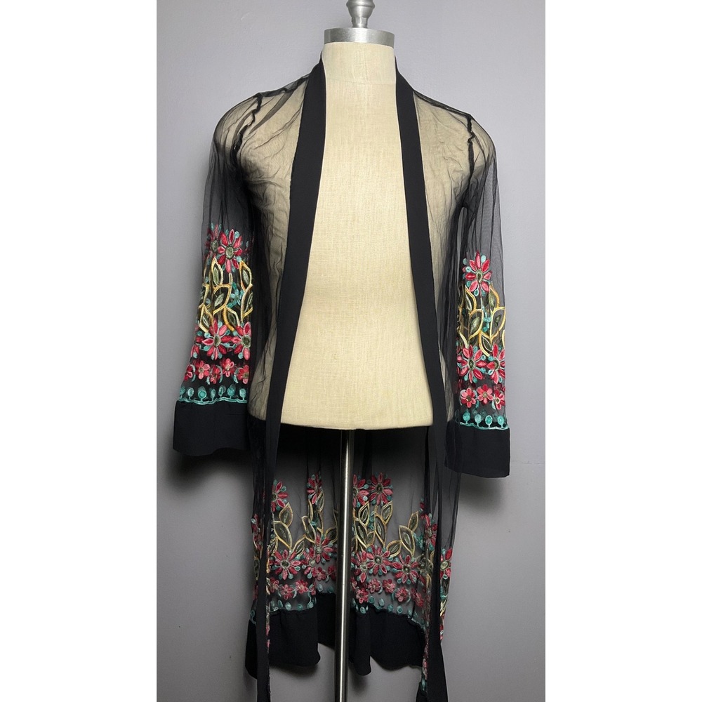Liv Los Angeles Sheer Mesh Embroidered Floral Boho Hippie Cardigan Duster Black
